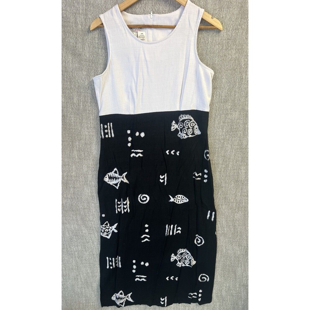 Vintage All Over Ocean Fish Print Black and White Batik Tank Dress Beach
